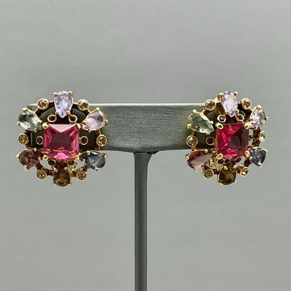 Carolee Lux Earrings Multicolor Crystal Pink Rhinestone Gold Tone Clip On 1.25"